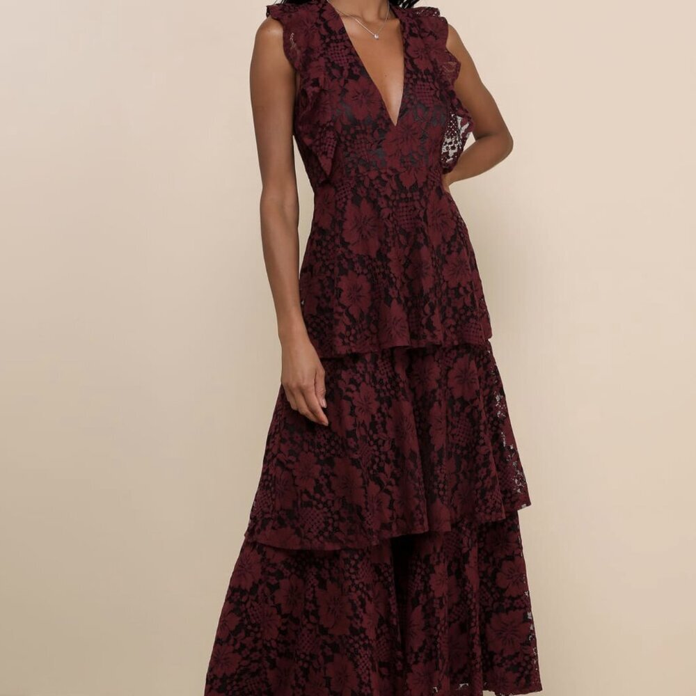 NWT Lulus Molinetto Burgundy Lace Ruffled Tiered Sleeveless Maxi Dress​